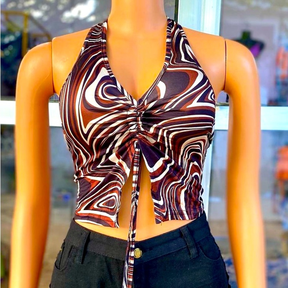Retro Y2K Trippy Illusion Crop Halter Top